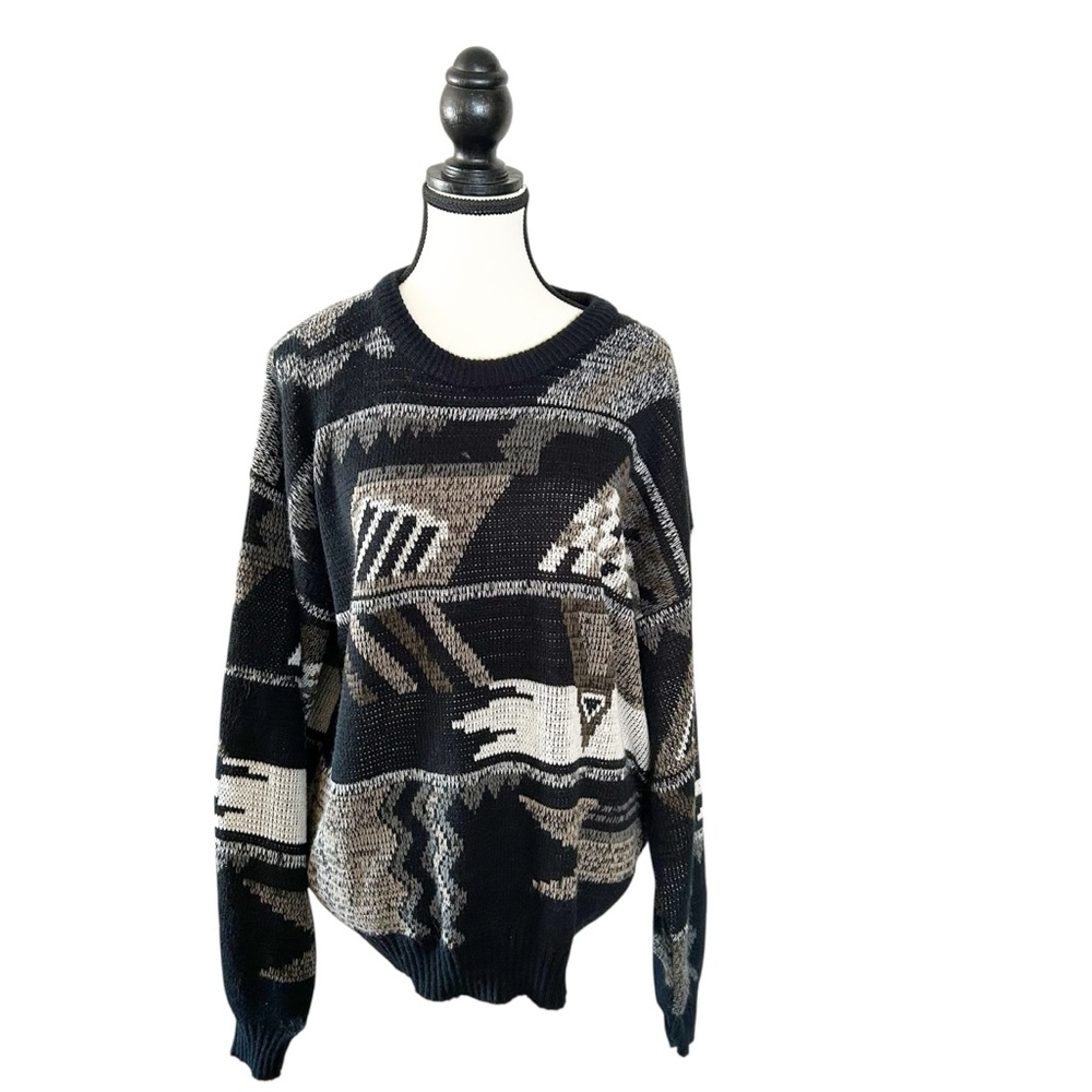 Vintage 80’s Black and Gray Navigator Crewneck Knit Sweater Size XL Oversized